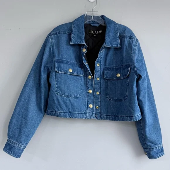 J Crew Cropped Denim Puffer Jacket Blue Quilted Jean Coat 90s Street Style S - Picture 11 of 13